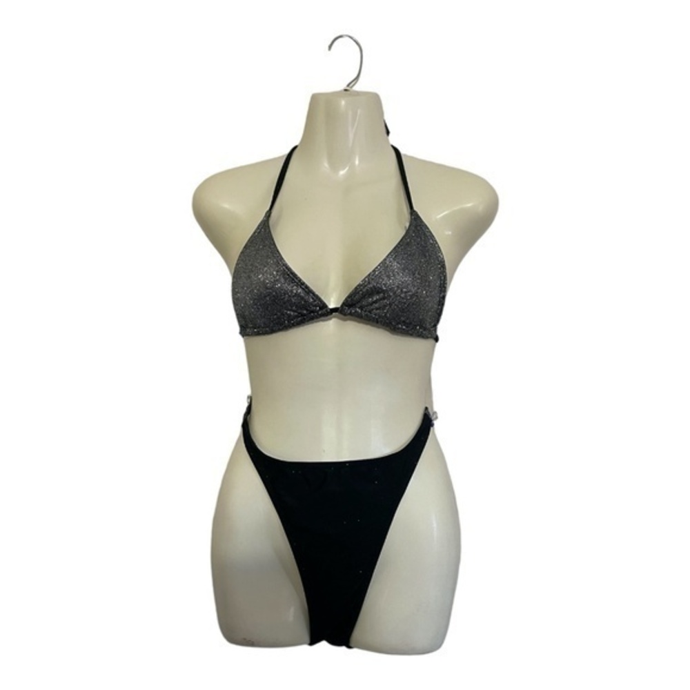 Unbranded Black Glitter Triangle Halter Neck Bikini Set Size Large